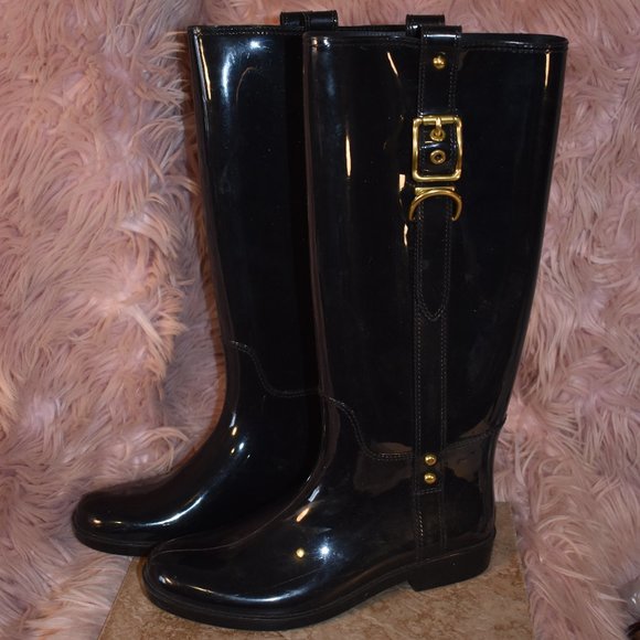 Coach Shoes - LIKE NEW COACH BLACK/GOLD KNEE-HIGH RAIN BOOT, SIZE 10